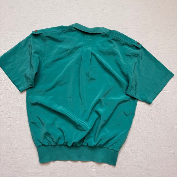 Vintage 80s Neil Martin Teal Nylon-Feel Short Sleeve Blouse Size 8 - Picture 5 of 5